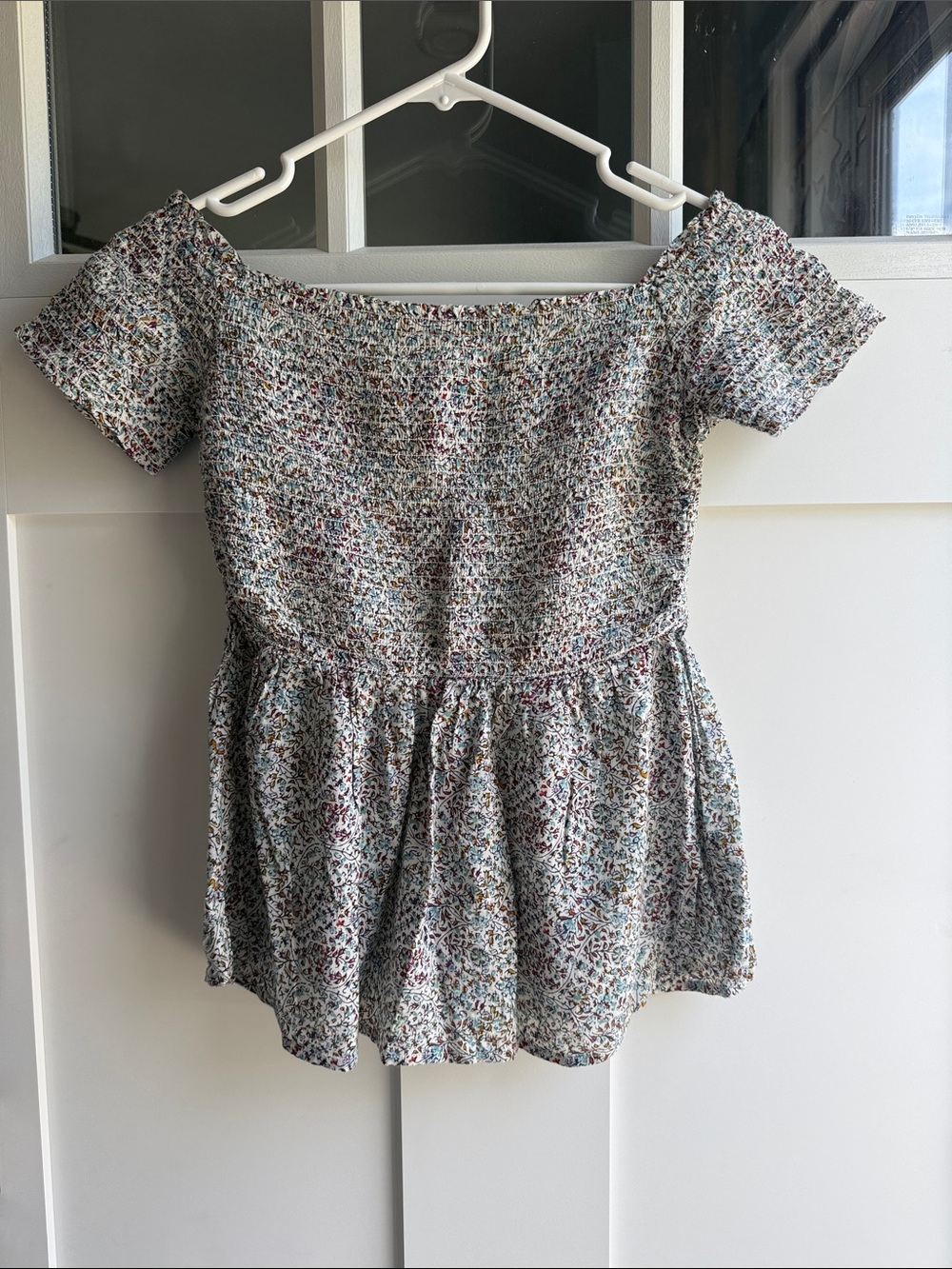 Old Navy Floral Smocked Peplum Top in White with Multicolor Floral Print